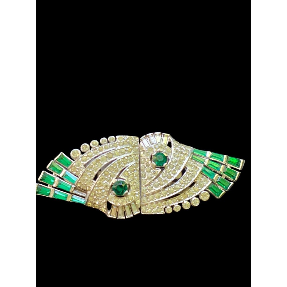 Rare Mazer Duette Art Deco Green Clear Baguette Brooch Rhodium Pat 2034129